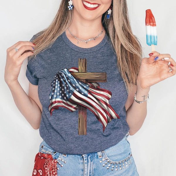 4th of July American Flag Cross DTF Transfer, Custom DTF Transfer, Heat Transfers, DTF Transfer Ready To Press, #5981