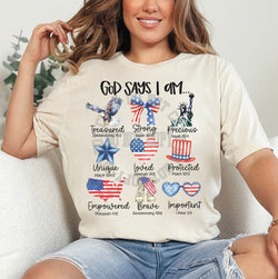 ***Fridays @ 4*** God says I am 4th of July Affirmations DTF Transfers, Custom DTF Transfer, Sublimation Transfers, DTF Transfers, Ready To Press, #5256